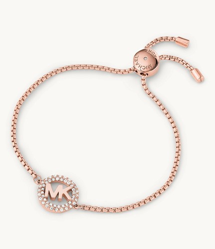 Bracciale MICHAEL KORS oro rosa pavè logo MK charm cursore MKJ7321791 MKJ7321 NUOVO