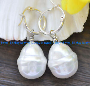 Huge 20mm White South Sea Baroque Shell Pearl Dangle Silver Leverback Earrings