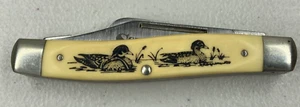 Vtg Schrade USA 505SC Stockman 3 Blade Folding Pocket Knife Scrimshaw Two Ducks - Picture 1 of 18