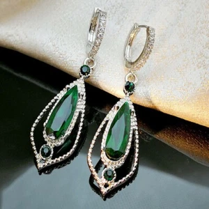 925 Silver Plated Luxury Emerald Dangle Drop Earrings for Women - Picture 1 of 4