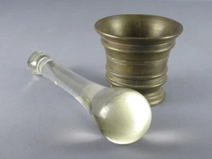 Mortier Bronze Et Pilon Verre Antique Composition Décorative Xx Seconde - Afbeelding 1 van 10