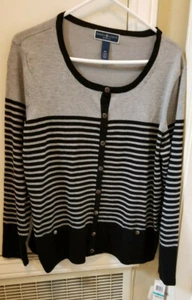 Womens Gray Black Striped Karen Scott Button Front Sweater Size 0X NWT plus size - Picture 1 of 3
