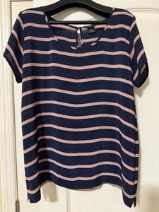 Club Monaco Boxy, Navy Blue Striped Top In Medium 100% Silk Breezy Lightweight - Picture 1 of 10