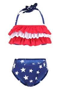 Big Girls Two Piece Bikini Swimsuits American Flag Ruffle Swimwear Halter Bat... - Picture 1 of 6