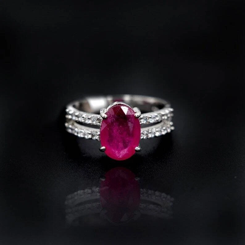Natural Ruby and White Topaz 925 Sterling Silver Ring Statement Women Ring Q522 - Image 1 of 4