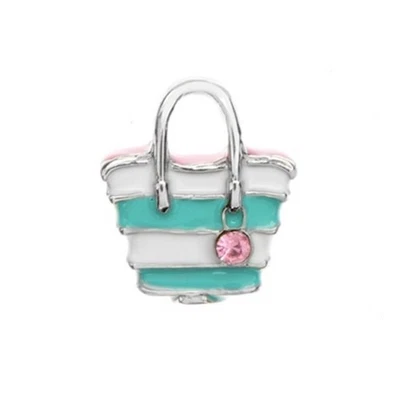 Origami Owl STRIPED SUMMER TOTE BAG Floating Enamel Charm BEACH BAG w/CRYSTAL - Image 1 of 2