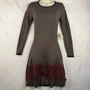 Eci neu kleines Etuikleid Pullover Midi Langarm hellbraun/schwarz/rot Einzelhandel $ 70 - Bild 1 von 12