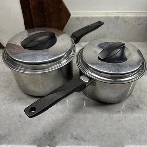 Vintage Feuerstein Ware Ekco Edelstahl 1 Quart & 2 Quart Topf Kochtopf Töpfe + Deckel - Bild 1 von 9
