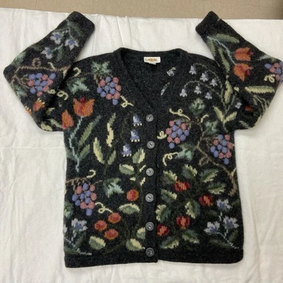 Cárdigan suéter de lana gris vintage TALBOTS para mujer bordado floral fruta talla S Foto 1 de 4