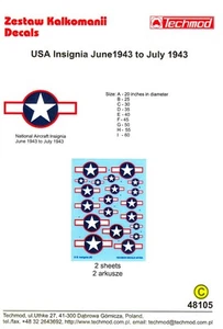 Techmod Decals 1/48 U.S. NATIONAL INSIGNIA JUNE 1943 TO JULY 1943 - Picture 1 of 3