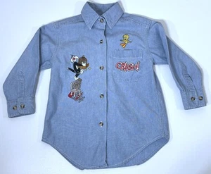 Vintage 90s ACME Kids Denim Tweety Bird Button Up Shirt Toddler Sizer XS Jean - Picture 1 of 17