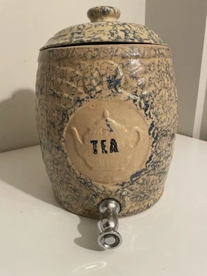 Vtg Blue Spongeware Stoneware Pottery Iced Tea Beverage Dispenser Crock Lid Foto 1 de 4