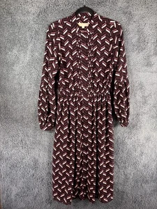 Michael Kors Midi Dress Womens Small Burgundy Shirt Geometric Puffed Long Sleeve - Picture 1 of 12