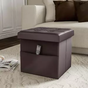 Foldable Storage Cube Ottoman With Pocket “ Tufted Faux Leather Footrest Organiz - Picture 1 of 7