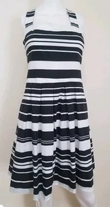 NWT Banana Republic Size 8 Sleeveless Black White Striped Pleat Above Knee Dress - Picture 1 of 5