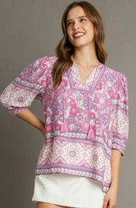 New Umgee S M Lavender Pink Kalamkari Floral Border Print Rayon Tassel Tie Top - Picture 1 of 11