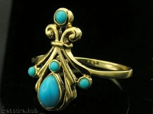 R293 Genuine 9ct SOLID Yellow Gold NATURAL Turquoise ornate Ring size N - Picture 1 of 3