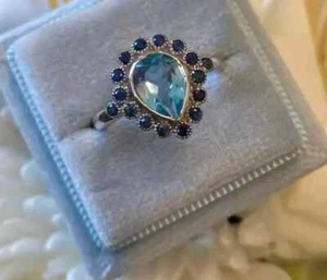 Lab Created Aquamarine 3CT Pear Cut Engagement Ring 14K White Gold Plated Silver - Picture 1 of 4