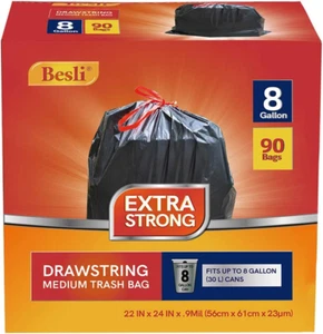 8 Gallon Black Drawstring Trash Bag Garbage Bag Trash Can Liner,0.9 Mil,90 Count - Picture 1 of 7