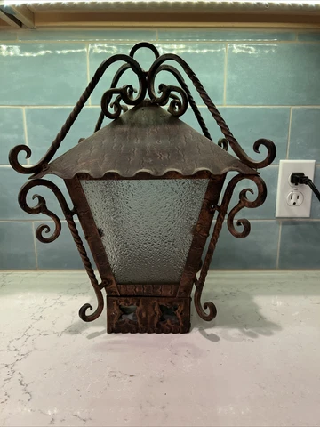 Old Mission Spanish Glass Porch Light wrought Iron Frosted Glass No Socket Cover