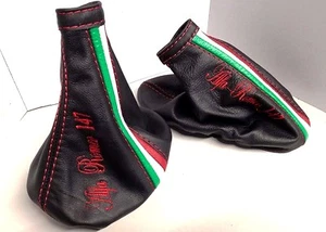 ALFA ROMEO 147 CUFFIA CAMBIO e FRENO VERA PELLE NERA + TRICOLORE + RICAMO - Imagen 1 de 1
