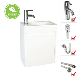 16" White Wall Mount Bathroom Vanity Paint Small Ceramic Sink Faucet Drain Set - Picture 1 of 7