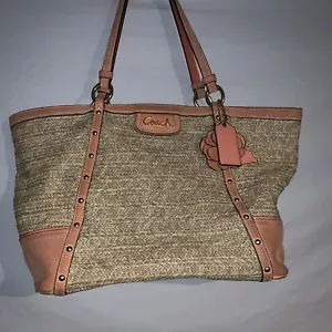 Coach F21959 Alexandra Python Studded Coral Straw Tote Shoulder Bag Purse - Picture 1 of 10