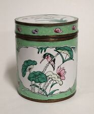 Antique Chinese Canton Enamel Copper Round Box Flowers Birds Green Pink Purple