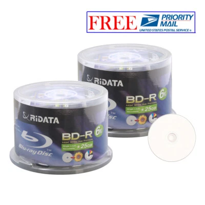 100 Ridata 6X BD-R 25GB Blu-ray White Inkjet Hub Printable Recordable Blank Disc - Image 1 of 3