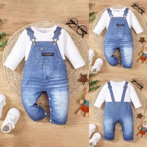 Baby Boys Pullover Casual Long Sleeve Suspender Pants Rompers Jumpsuits Winter - Picture 1 of 15