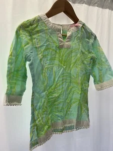 Lily Pulitzer Green Cotton V Neck Long Sleeve Kaftan Blouse Size 4 - Picture 1 of 10