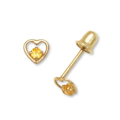 Aretes para niña con forma de corazón de piedra de nacimiento de oro amarillo de 14K Foto 1 de 4