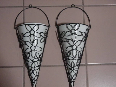 Antique~ Black & White Galvanized & Wire Flower Wall Pocket Hangings Cover