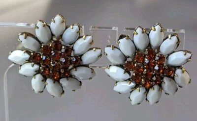 Vintage Weiss Milk Glass & Crystal Clip On Earrings  - image 1 of 4