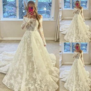 Elegant Wedding Dresses Off the Shoulder Long Sleeves Full Lace Bridal Gowns - Picture 1 of 9