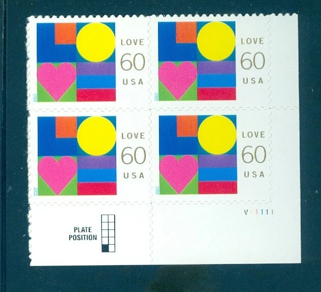 US 3658 Love, Geometric Shapes, LR Plate # Block/4, Mint NH - Image 1 of 1
