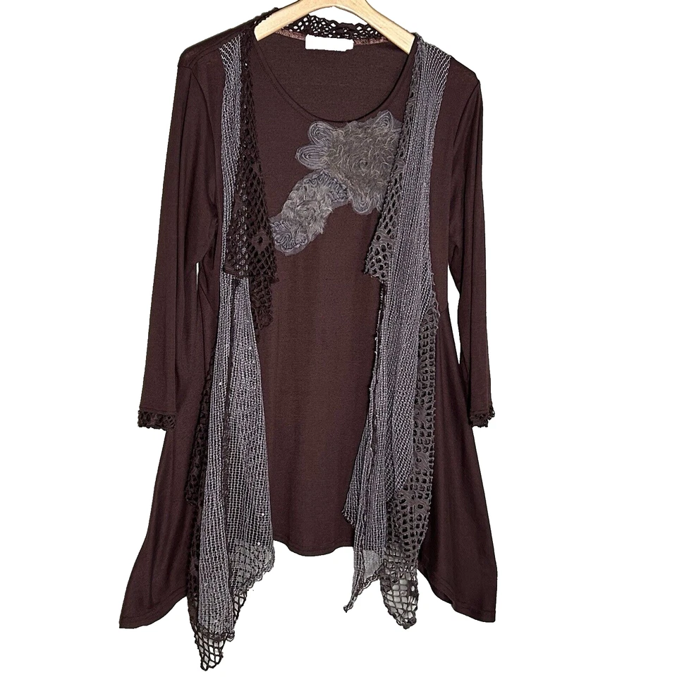 Túnica Pretty Angel XL marrom bainha assimétrica rede lantejoulas grunge fada cigana - Imagem 1 de 4