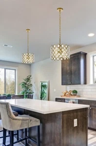 BRASS MODERN DINING ROOM KITCHEN CRYSTAL CHANDELIER PENDANT FIXTURE 3 LIGHT 13" - Picture 1 of 9