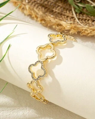 Elegantes Damen-Armband mit Kleeblätter-Goldfarbene Zinklegierung & Strasssteine - Bild 1 von 4