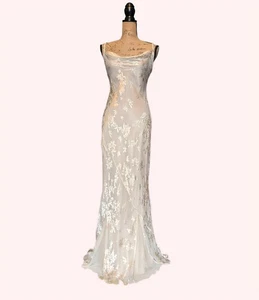 90s Y2K Monsoon Long Bias Cut Cream & Gold Jasmine Beaded Dress UK 8/10 (US 6) - Picture 1 of 14