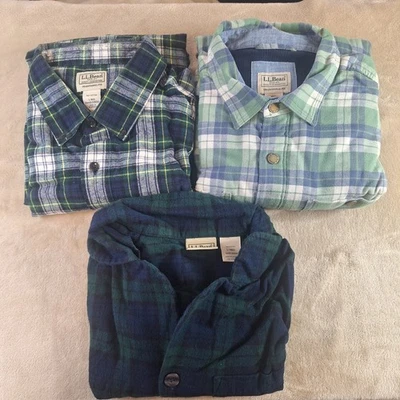L.L. Bean Flannel Shirt Men's Large Lot 3 Black Watch Plaid Insulated Snap - Image 1 of 4