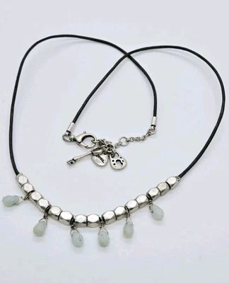 FOSSIL Pendant Necklace Cord Silver tone Nugget Green Jade Dangle Charms 20 in - Image 1 of 4