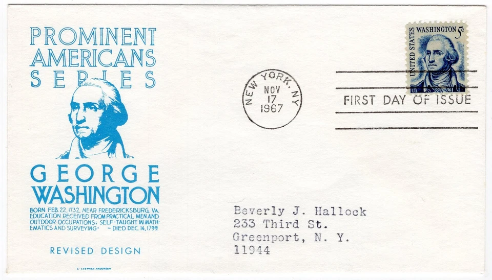 1967 FDC 1283B 5¢ George Washington redrawn, C. Stephen Anderson blue cachet - Image 1 of 1