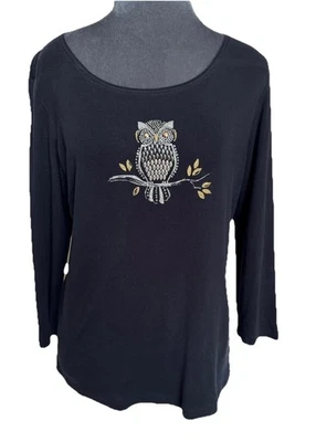Camiseta Karen Scott Owl M Algodón Manga Larga Tachonada Adornada Novedad Suave Foto 1 de 4