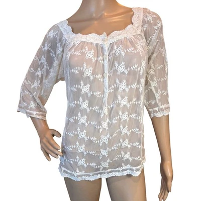 Vintage Y2K Lace Embroidered Sheer Top Size Large Peasant Boho Fairy Cottagecore - Image 1 of 4