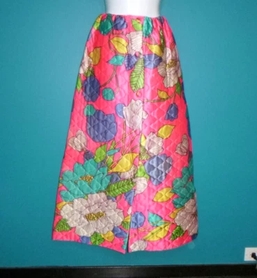 Vtg 60s Quilted FLOWER POWER Maxi Hostess Skirt BRIGHT Pink Turquoise Sz M - Image 1 of 4