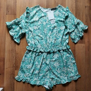 NEW.IN THE STYLE/STACEY SOLOMON.GREEN FLORAL RUFFLED SHORTS PLAYSUIT.SIZE 14 - Picture 1 of 9