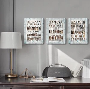 Inspirational Wall Art 3 Piece Positive Life Quotes Canvas Rustic Print 16”x 12” - Picture 1 of 4