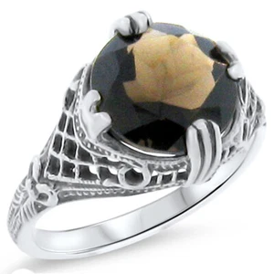 GENUINE SMOKY QUARTZ DECO ANTIQUE STYLE 925 STERLING SILVER FILIGREE RING #316 - Picture 1 of 3