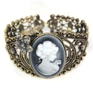 Victorian Steampunk Antiqued Brass Cameo Filigree Cuff Bracelet - Picture 1 of 7